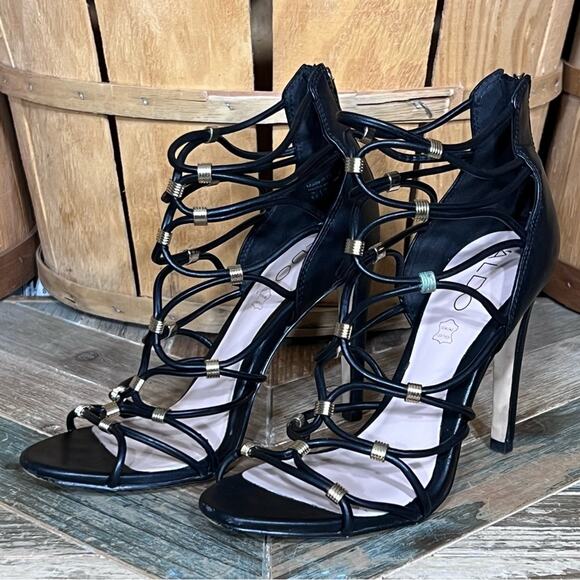Aldo Peterbell Black Leather Gold Strappy Gladiator Open Toe Heels Womens 6.5 - Picture 4 of 14
